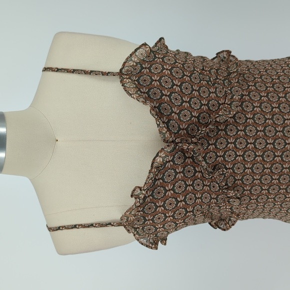 Love and Piece Floral Maxi Dress Tan Green M retro summer ruffle bohemian party - Picture 3 of 9